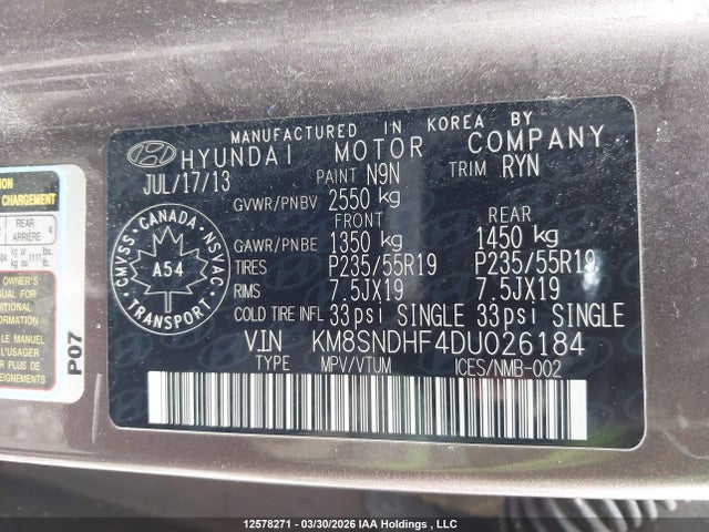12578271 :رقم المزاد ، KM8SNDHF4DU026184 vin ، 2013 Hyundai Santa Fe Xl Limited مزاد بيع