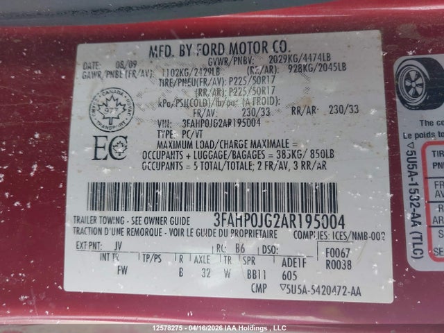 Aukcja sprzedaży 2010 Ford Fusion Sel, vin: 3FAHP0JG2AR195004, numer aukcji: 12578275