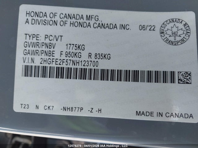Продажа на аукционе авто 2022 Honda Civic Sport, vin: 2HGFE2F57NH123700, номер лота: 12578278
