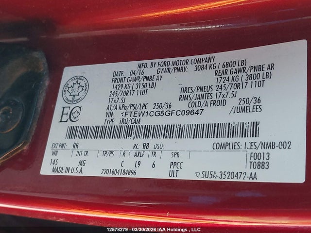 1FTEW1CG5GFC09647 Ford F-150 Xlt