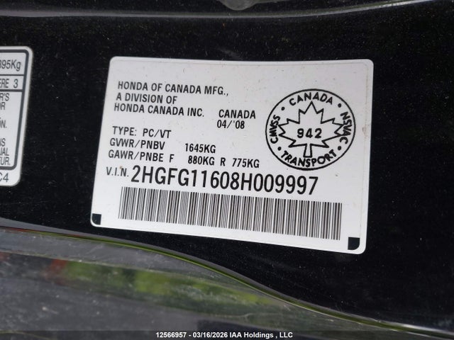 2008 Honda Civic Lx მანქანა იყიდება აუქციონზე, vin: 2HGFG11608H009997, აუქციონის ნომერი: 12566957