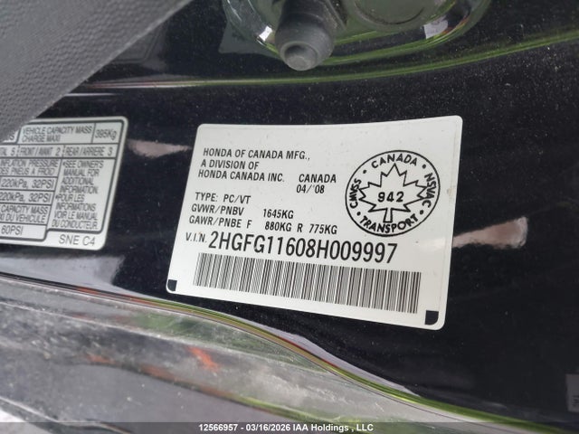 2008 Honda Civic Lx მანქანა იყიდება აუქციონზე, vin: 2HGFG11608H009997, აუქციონის ნომერი: 12566957