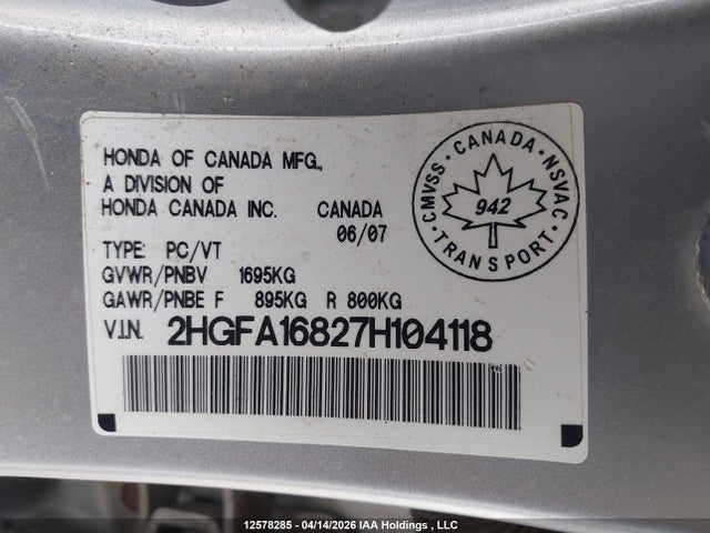 2007 Honda Civic Ex 4dr მანქანა იყიდება აუქციონზე, vin: 2HGFA16827H104118, აუქციონის ნომერი: 12578285