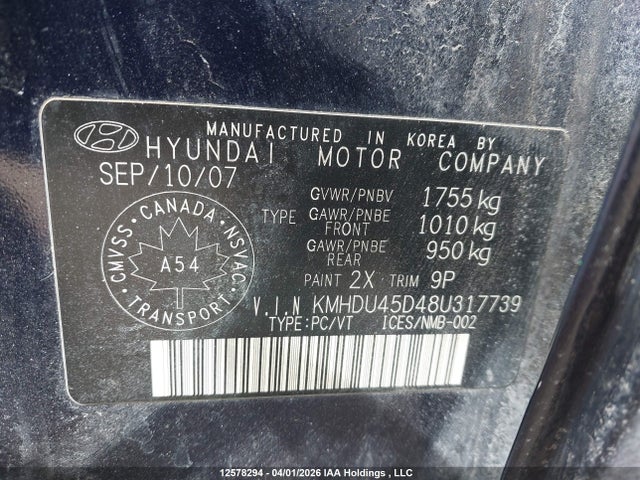 Aukcja sprzedaży 2008 Hyundai Elantra Gl/gls, vin: KMHDU45D48U317739, numer aukcji: 12578294