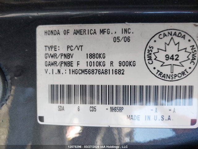 2006 Honda Accord მანქანა იყიდება აუქციონზე, vin: 1HGCM56876A811682, აუქციონის ნომერი: 12578296