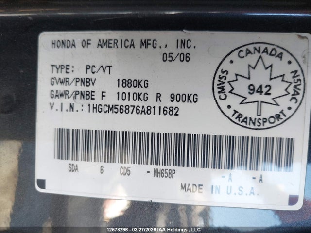 2006 Honda Accord მანქანა იყიდება აუქციონზე, vin: 1HGCM56876A811682, აუქციონის ნომერი: 12578296