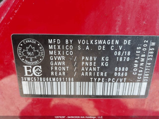 3VWC57BU6KM091196 Volkswagen Jetta 1.4 Tsi Comfortline