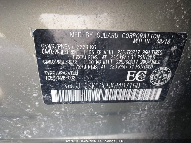 Aukcja sprzedaży 2019 Subaru Forester 2.5i Convenience/2.5i Touring, vin: JF2SKEGC9KH407160, numer aukcji: 12578318