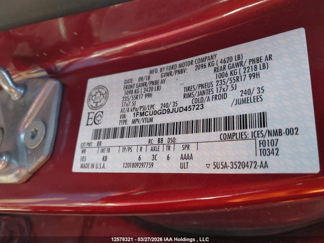 1FMCU0GD9JUD45723 Ford ESCAPE SE