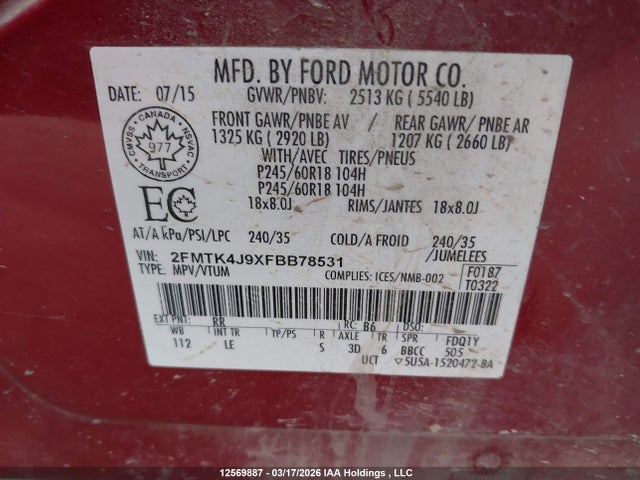 Продажа на аукционе авто 2015 Ford Edge Sel, vin: 2FMTK4J9XFBB78531, номер лота: 12569887