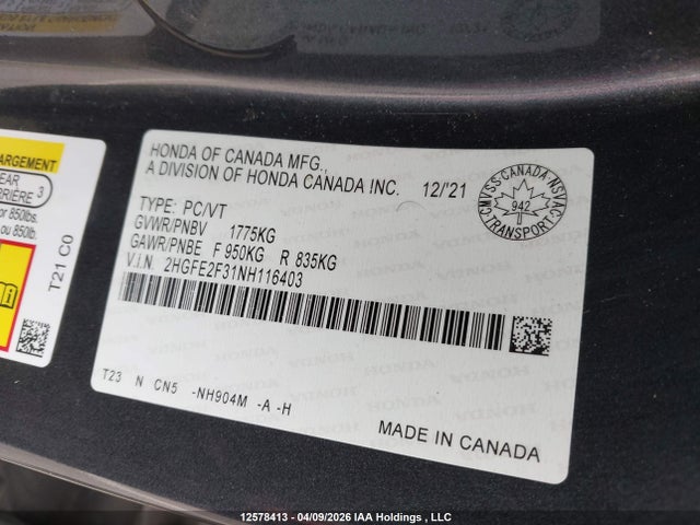 Продажа на аукционе авто 2022 Honda Civic, vin: 2HGFE2F31NH116403, номер лота: 12578413