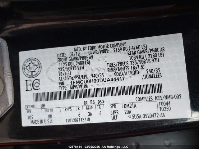 Продажа на аукционе авто 2013 Ford Escape Sel, vin: 1FMCU0H90DUA44417, номер лота: 12578414