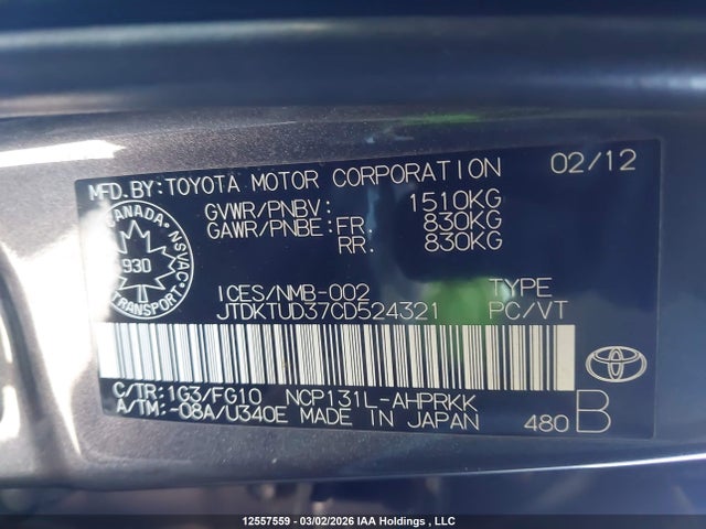 12557559 :رقم المزاد ، JTDKTUD37CD524321 vin ، 2012 Toyota Yaris Le مزاد بيع