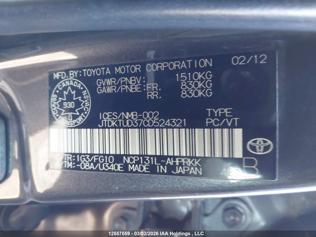 12557559 :رقم المزاد ، JTDKTUD37CD524321 vin ، 2012 Toyota Yaris Le مزاد بيع
