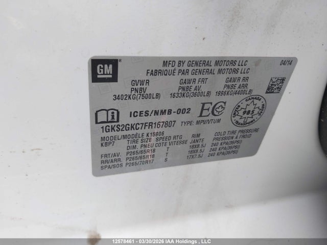 1GKS2GKC7FR167807 GMC Yukon Xl K1500 Sle