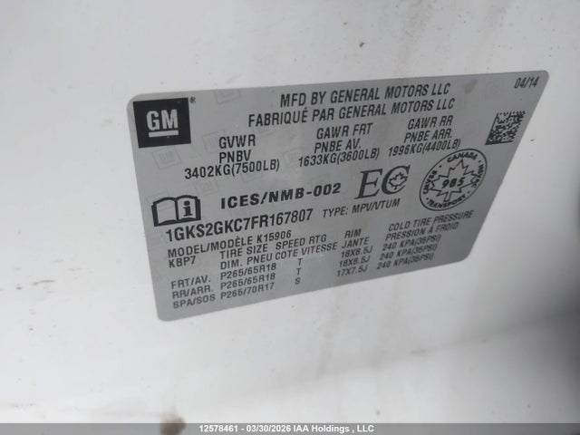 1GKS2GKC7FR167807 GMC Yukon Xl K1500 Sle
