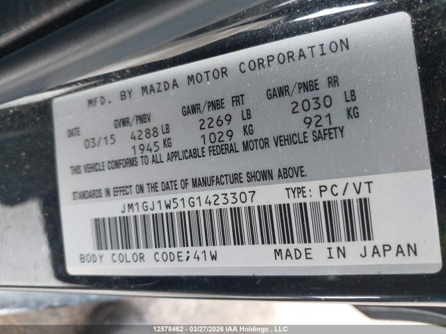 Aukcja sprzedaży 2016 Mazda 6 Grand Touring, vin: JM1GJ1W51G1423307, numer aukcji: 12578462