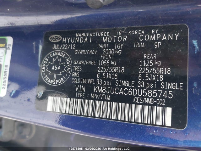 Продаж на аукціоні авто 2013 Hyundai Tucson Gls/limited, vin: KM8JUCAC6DU585745, номер лоту: 12578505