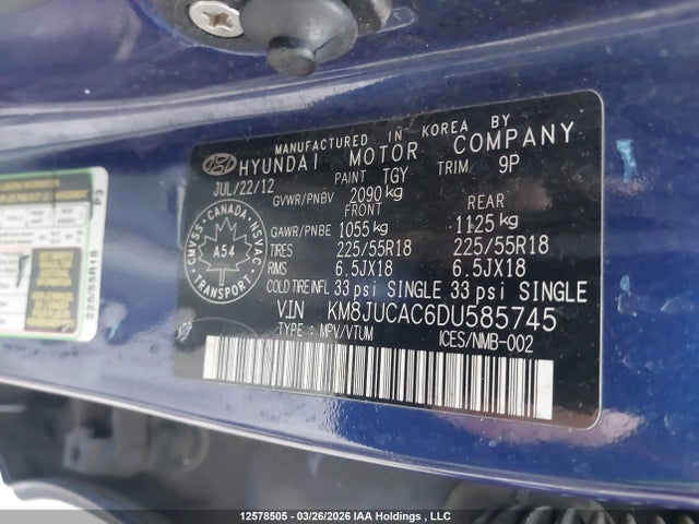 Продаж на аукціоні авто 2013 Hyundai Tucson Gls/limited, vin: KM8JUCAC6DU585745, номер лоту: 12578505