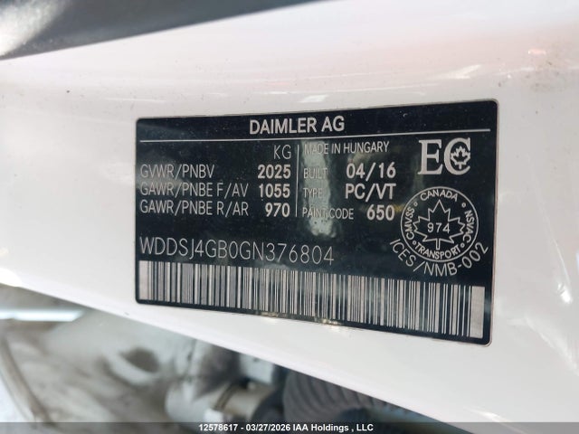 Aukcja sprzedaży 2016 Mercedes-benz Cla 250 4matic, vin: WDDSJ4GB0GN376804, numer aukcji: 12578617
