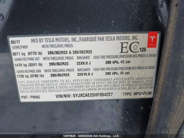 Aukcja sprzedaży 2017 Tesla Model X 100d/75d/90d, vin: 5YJXCAE25HF034227, numer aukcji: 12578620
