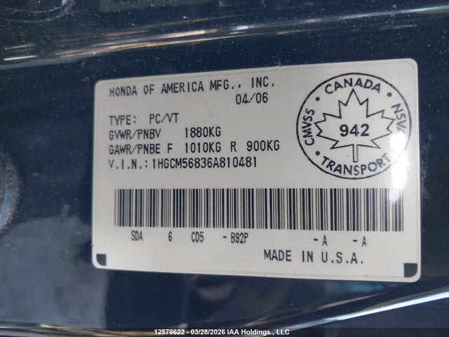 Продаж на аукціоні авто 2006 Honda Accord Ex-l, vin: 1HGCM56836A810481, номер лоту: 12578622