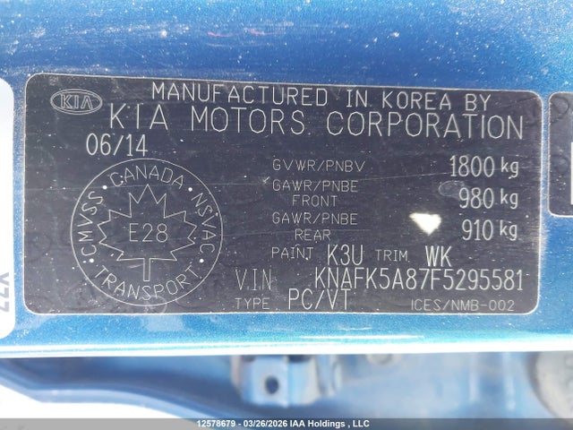 12578679 :رقم المزاد ، KNAFK5A87F5295581 vin ، 2015 Kia Forte Lx مزاد بيع