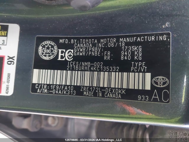 2019 Toyota Corolla Ce მანქანა იყიდება აუქციონზე, vin: 2T1BURHE4KC135332, აუქციონის ნომერი: 12578685