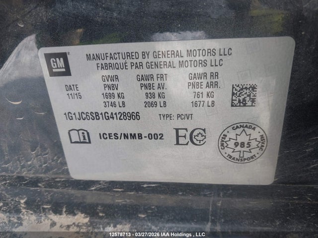 Продаж на аукціоні авто 2016 Chevrolet Sonic Lt, vin: 1G1JC6SB1G4128966, номер лоту: 12578713