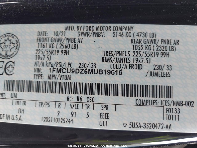 Продаж на аукціоні авто 2021 Ford Escape Titanium, vin: 1FMCU9DZ6MUB19616, номер лоту: 12578734