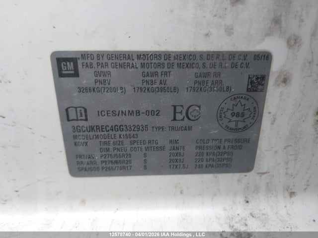 12578740 :رقم المزاد ، 3GCUKREC4GG332936 vin ، 2016 Chevrolet Silverado K1500 Lt مزاد بيع