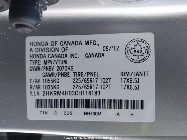 Продаж на аукціоні авто 2012 Honda Cr-v Touring, vin: 2HKRM4H93CH114183, номер лоту: 12578742