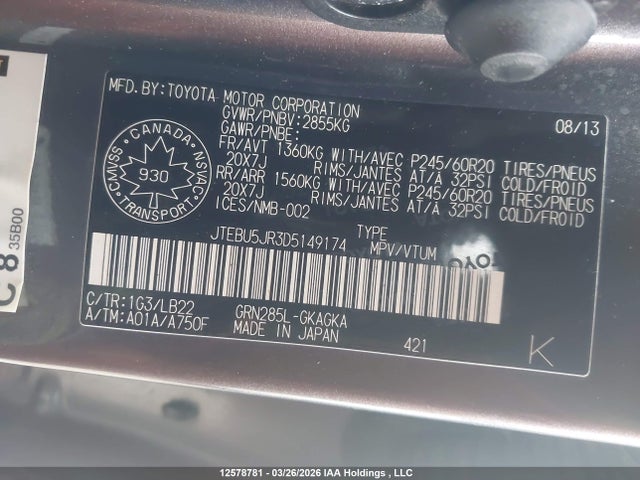 Aukcja sprzedaży 2013 Toyota 4runner Sr5/limited/trail, vin: JTEBU5JR3D5149174, numer aukcji: 12578781