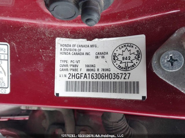 12578782 :رقم المزاد ، 2HGFA16306H036727 vin ، 2006 Honda Civic Dx-g مزاد بيع