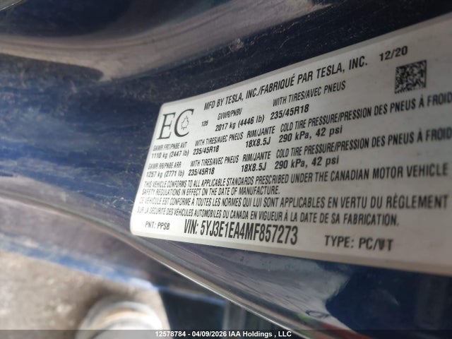 Aukcja sprzedaży 2021 Tesla Model 3, vin: 5YJ3E1EA4MF857273, numer aukcji: 12578784