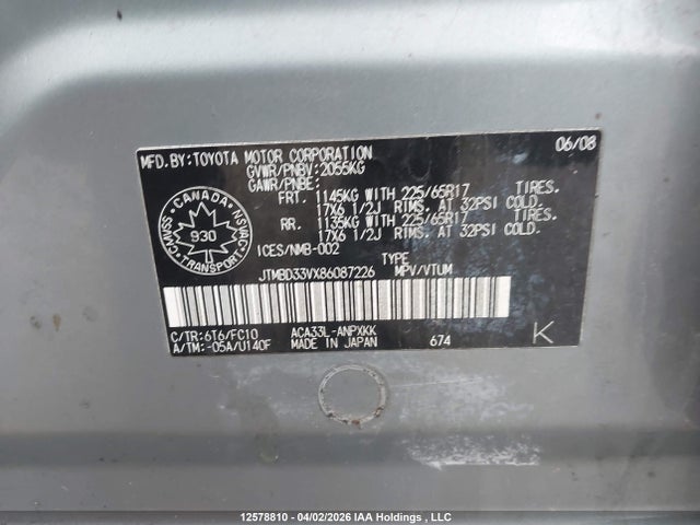 12578810 :رقم المزاد ، JTMBD33VX86087226 vin ، 2008 Toyota Rav4 مزاد بيع