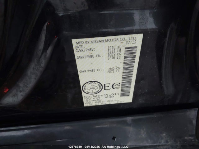 1N4AL3AP3FN391011 Nissan Altima 2.5/2.5 S/2.5 Sl/2.5 Sv