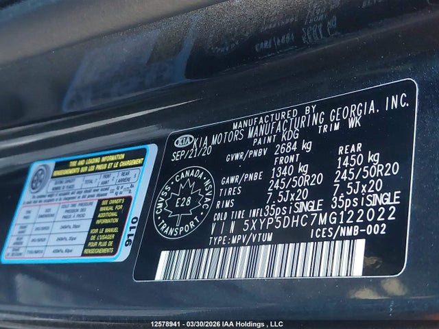 12578941 :رقم المزاد ، 5XYP5DHC7MG122022 vin ، 2021 Kia Telluride مزاد بيع