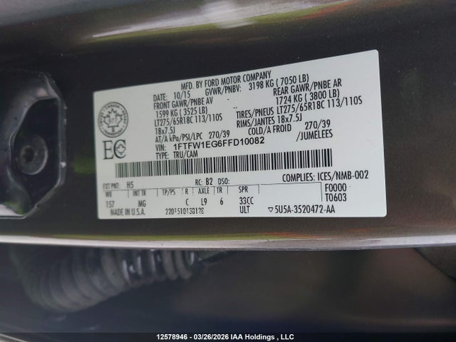 Продажа на аукционе авто 2015 Ford F-150, vin: 1FTFW1EG6FFD10082, номер лота: 12578946