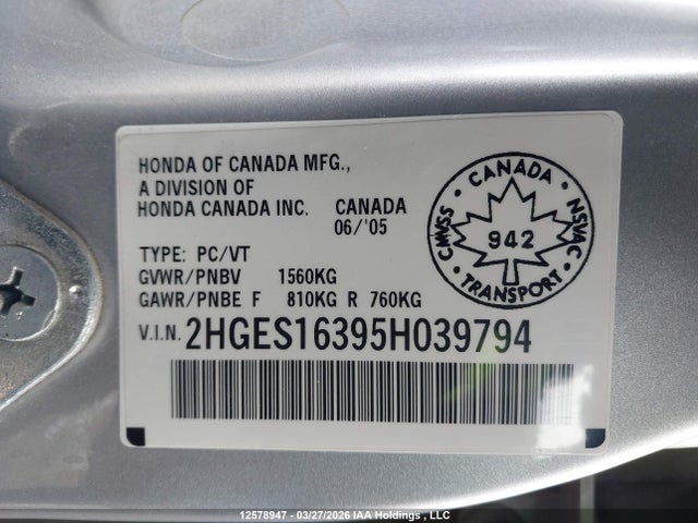 12578947 :رقم المزاد ، 2HGES16395H039794 vin ، 2005 Honda Civic Se مزاد بيع