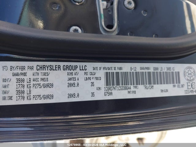 Aukcja sprzedaży 2012 Dodge Ram 1500 Laramie, vin: 1C6RD7NT1CS338644, numer aukcji: 12578955