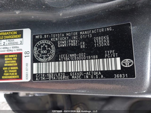 2013 Toyota Avalon მანქანა იყიდება აუქციონზე, vin: 4T1BK1EB9DU019188, აუქციონის ნომერი: 12578958
