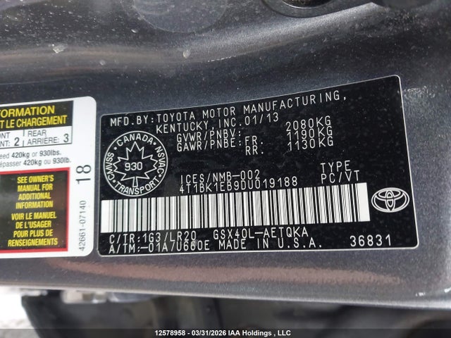 2013 Toyota Avalon მანქანა იყიდება აუქციონზე, vin: 4T1BK1EB9DU019188, აუქციონის ნომერი: 12578958