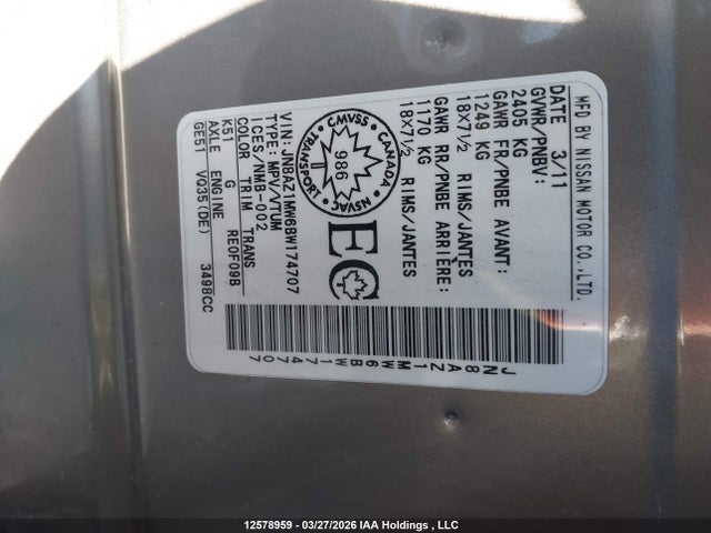 Aukcja sprzedaży 2011 Nissan Murano, vin: JN8AZ1MW6BW174707, numer aukcji: 12578959