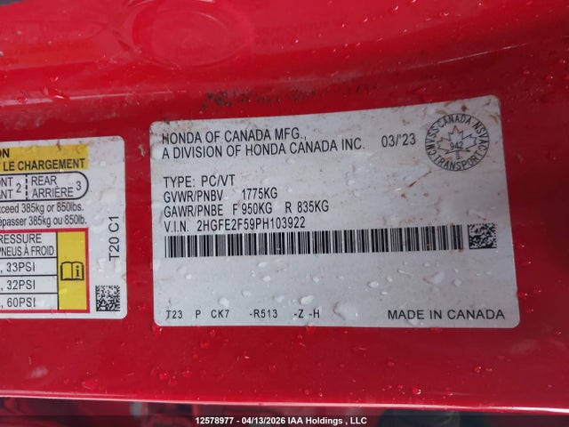 2HGFE2F59PH103922 Honda Civic Sport/sport-b