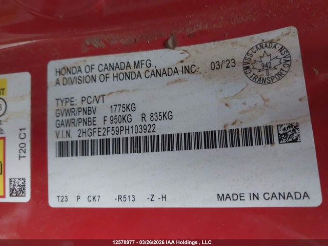 2HGFE2F59PH103922 Honda Civic Sport/sport-b