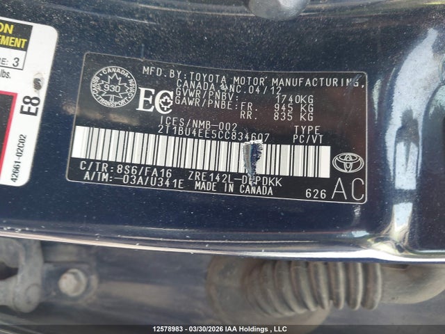 Продажа на аукционе авто 2012 Toyota Corolla, vin: 2T1BU4EE5CC834607, номер лота: 12578983