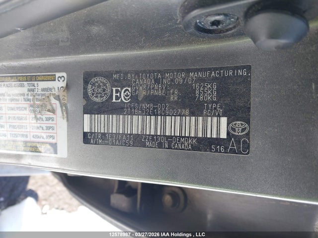 Aukcja sprzedaży 2008 Toyota Corolla, vin: 2T1BR32E18C902778, numer aukcji: 12578987