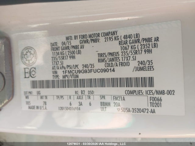 Ford ESCAPE SE 2015 1FMCU9G93FUC09014 Image 16