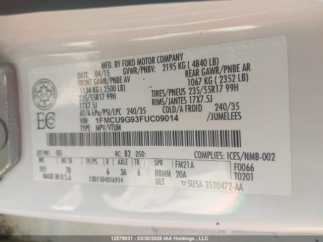 Ford ESCAPE SE 2015 1FMCU9G93FUC09014 Image 9